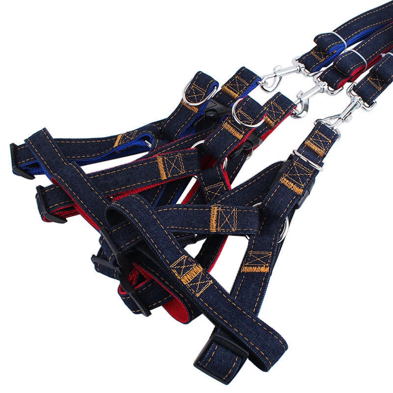 Hot Sale Comfortable & Stylish Denim Pet Harness Leash Collar Set with Buckle Closure-Simple Fashion Design for Dogs All Seasons