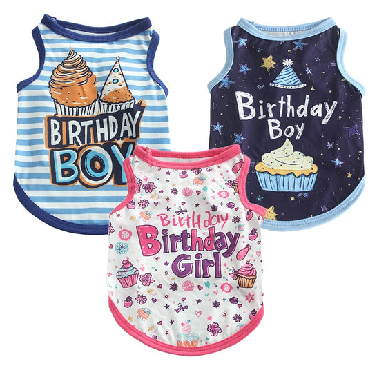 Birthday Pet T-Shirt for Small Dogs Cats-Lightweight Polyester Breathable Summer Clothing Birthday Boy/Girl Striped Cupcake