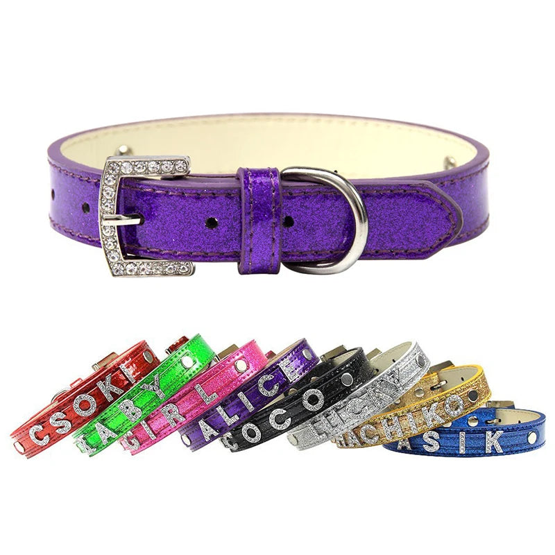 Custom Name GorisPet Luxury Dog Collar Rhinestone Letters DIY Personalized PU Pet Collar for Dogs Cats Sparkly Glitter