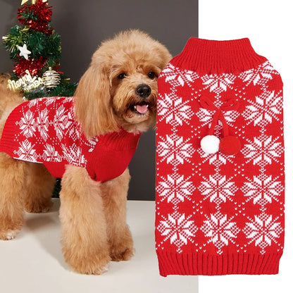 Festive Christmas Pet Sweaters Cute Pom Snow Patterned Winter Knitwear for Dogs and Cats XS Size
