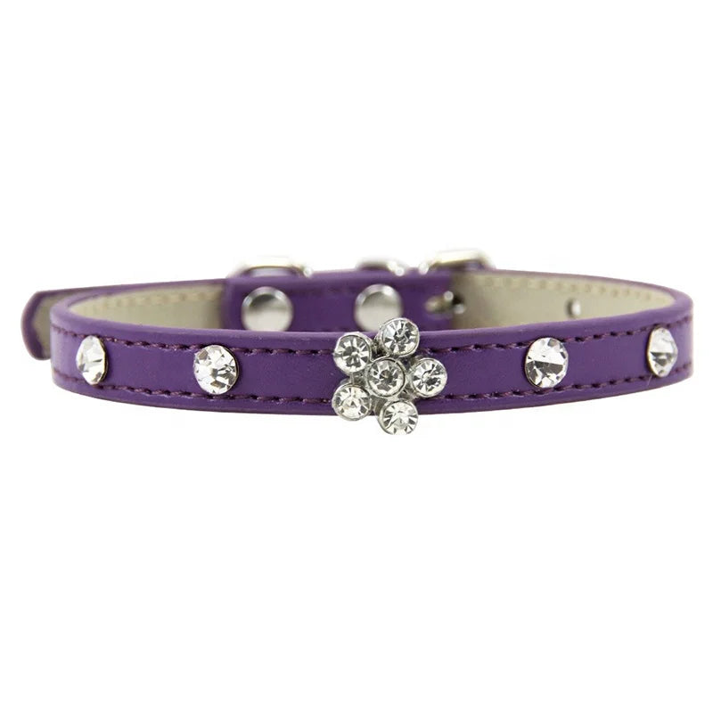 Modern Luxury Cat Collar for Small Dogs Elegant Bling-bling Rhinestone Cute Flower Decoration Solid Pattern Made of PU