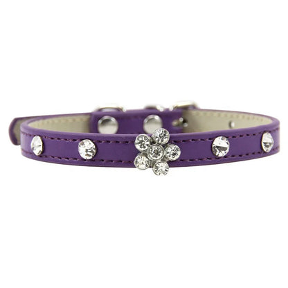 Modern Luxury Cat Collar for Small Dogs Elegant Bling-bling Rhinestone Cute Flower Decoration Solid Pattern Made of PU