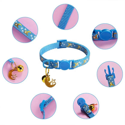 Colorful Shining Star Moon Pet Nylon Collar Soft Adjustable Small Bell Print Buckle Closure for Cats Dogs Pets Accessories