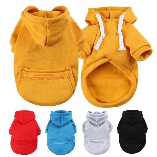 Solid Color Eco-Friendly Polyester Dog Cat Hoodie Zipper Pocket Soft Fleece Lined Warm Drawstring for Small/Medium Pets-Daily
