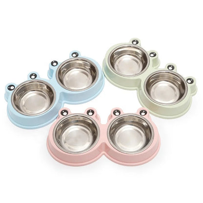Eco-friendly Small Dog Double Bowls Cute Frog Shape Plastic & Stainless Steel Pet Cat Food Mixing Bowl Water Feeding ODM Supply