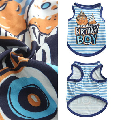 Birthday Pet T-Shirt for Small Dogs Cats-Lightweight Polyester Breathable Summer Clothing Birthday Boy/Girl Striped Cupcake
