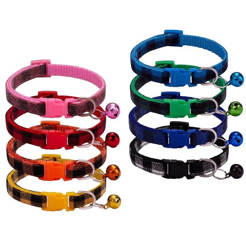 High Quality Adjustable Nylon Dog Collar Classic Plaid Design with Colorful Bell for Small Pets' Training