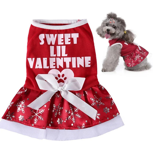 Valentine Dress for Dogs-Red 'Sweet Lil Valentine' Holiday Outfit Snowflake Print Polyester Cute Lightweight Dog Summer Spring