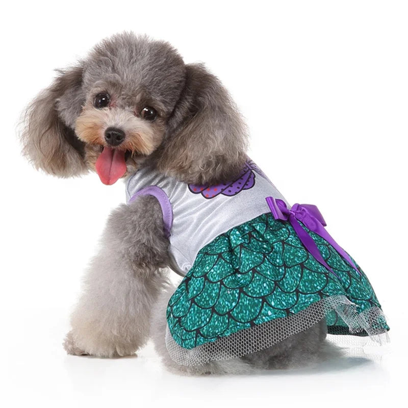 Shining Green Modern Mermaid Fish Tail Spring Summer Dress for Dogs Cute Princess Style Pet Clothes Stylish Mermaid Printing