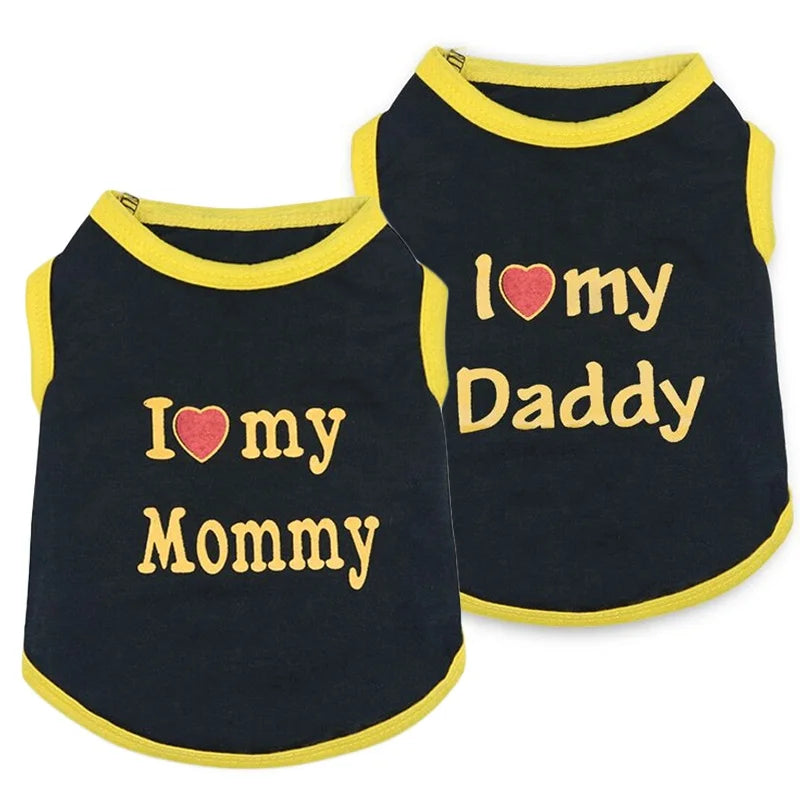 Wholesale Cute I Love Daddy Mommy Printed Cotton Dog T Shirts Tank Tops in XS S XL Sizes for Spring Summer Autumn Seasons