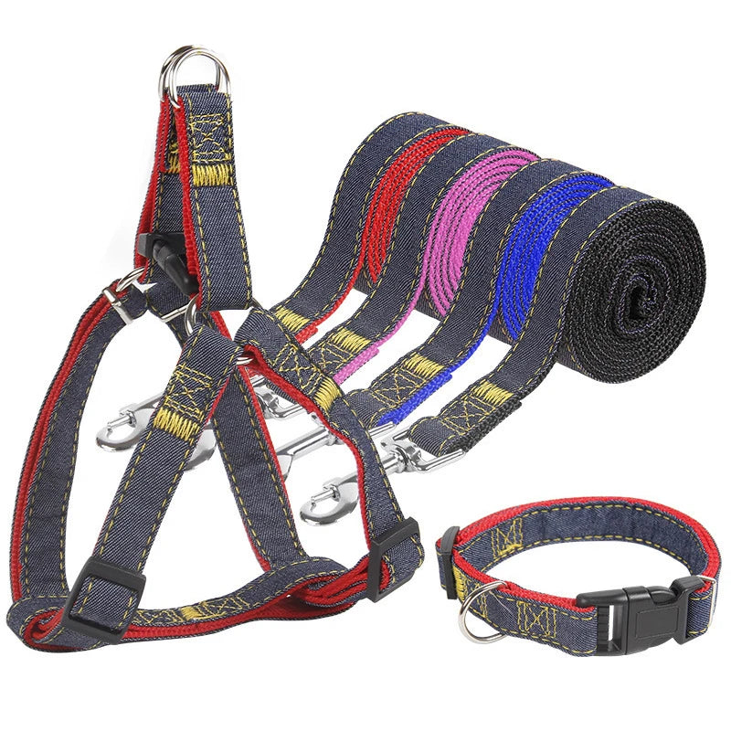 Hot Sale Comfortable & Stylish Denim Pet Harness Leash Collar Set with Buckle Closure-Simple Fashion Design for Dogs All Seasons