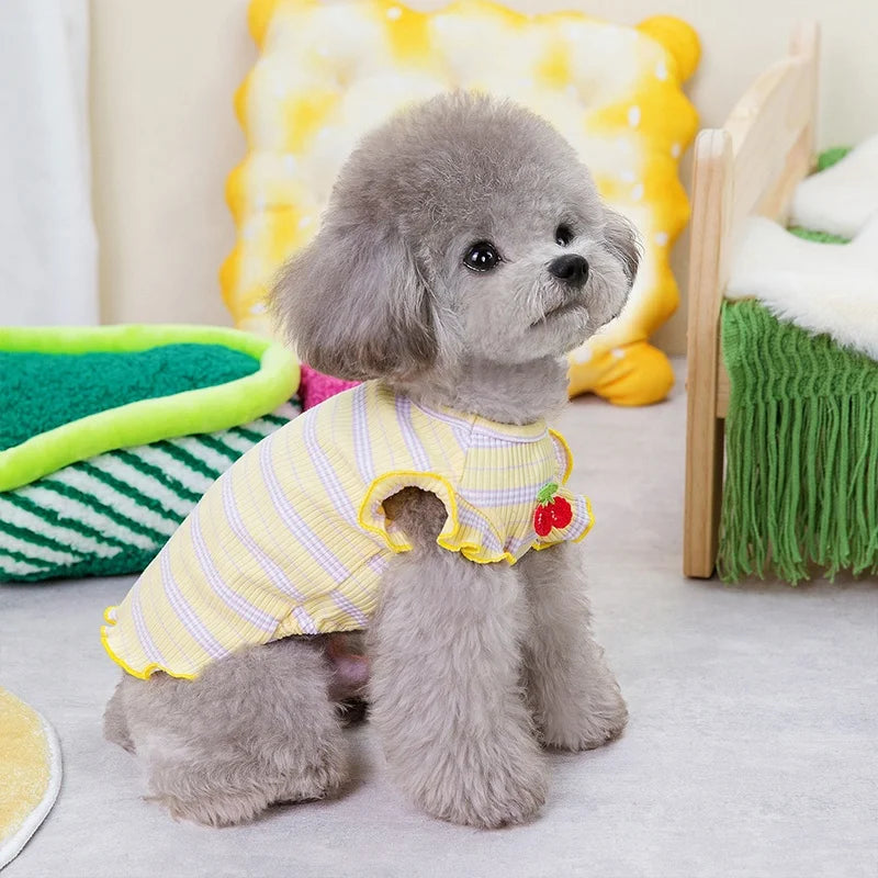 Cute Cherry Embroidered Pet Vest Small Dogs Cats-Spring Summer Lightweight Striped Pattern Breathable Cotton Blend Princess Cut