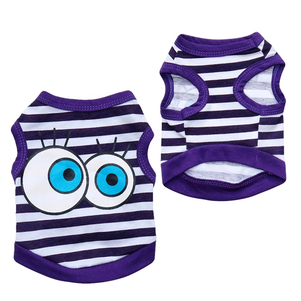 Wholesale XS Size Cotton Dog Clothes with Big Eyes Stripes XS Wag a Tude T-Shirt Summer/Spring Cartoon Style Shirt for Dogs