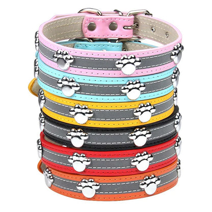 Modern Solid Reflective PU Dog Collar Paw Print Decor Durable Adjustable Pet Dogs Night Safety Design Reflective Strip