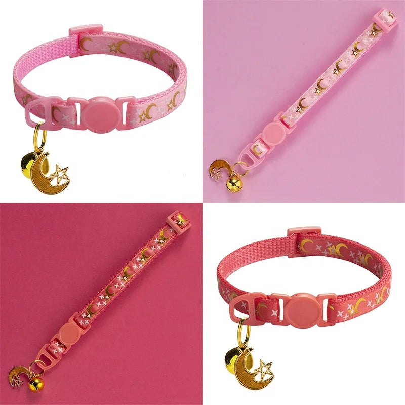 Colorful Shining Star Moon Pet Nylon Collar Soft Adjustable Small Bell Print Buckle Closure for Cats Dogs Pets Accessories
