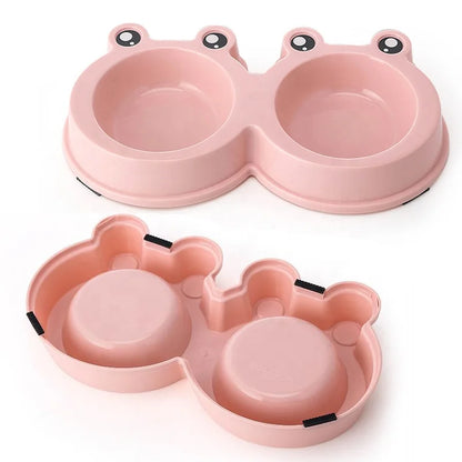 Eco-friendly Small Dog Double Bowls Cute Frog Shape Plastic & Stainless Steel Pet Cat Food Mixing Bowl Water Feeding ODM Supply