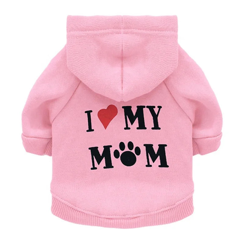 Pet Hoodie for Dogs-'I Love My Mom' Printed Fleece Sweatshirt XS Size Winter Warmth Small Breeds Teddy Poodle 11 Colors