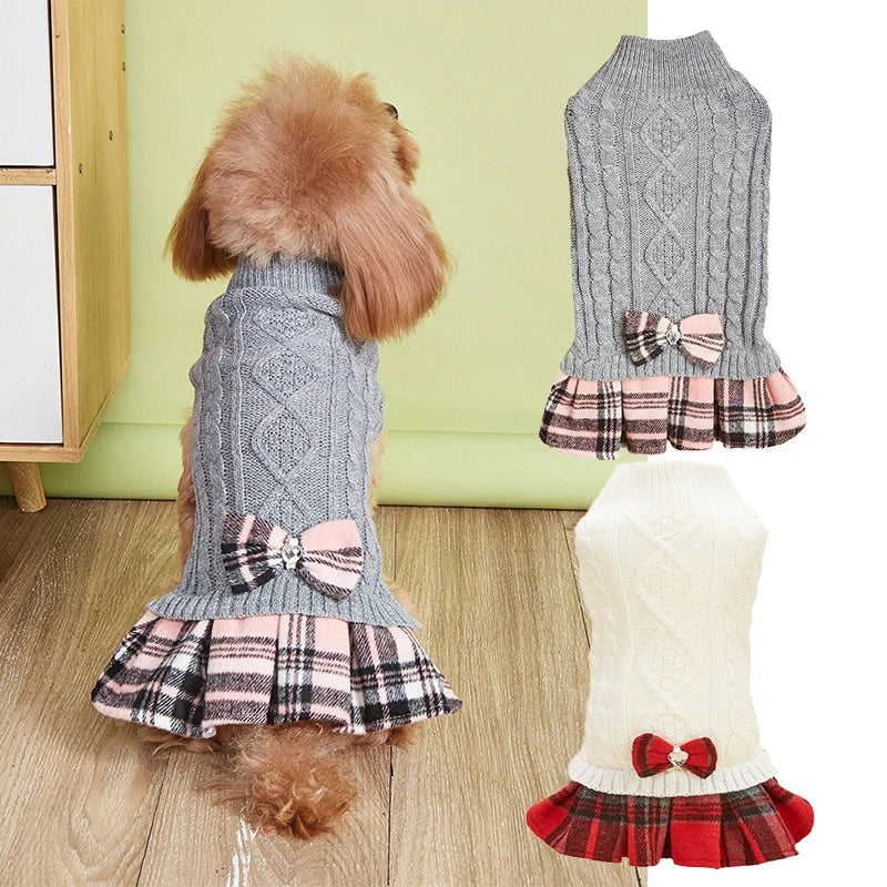 Cute Acrylic Knitted Dog Sweater Skirt Mock Two-Piece Set Pet Dress for Dogs Cats Winter Leisure Fashion Bow Tie Gray White