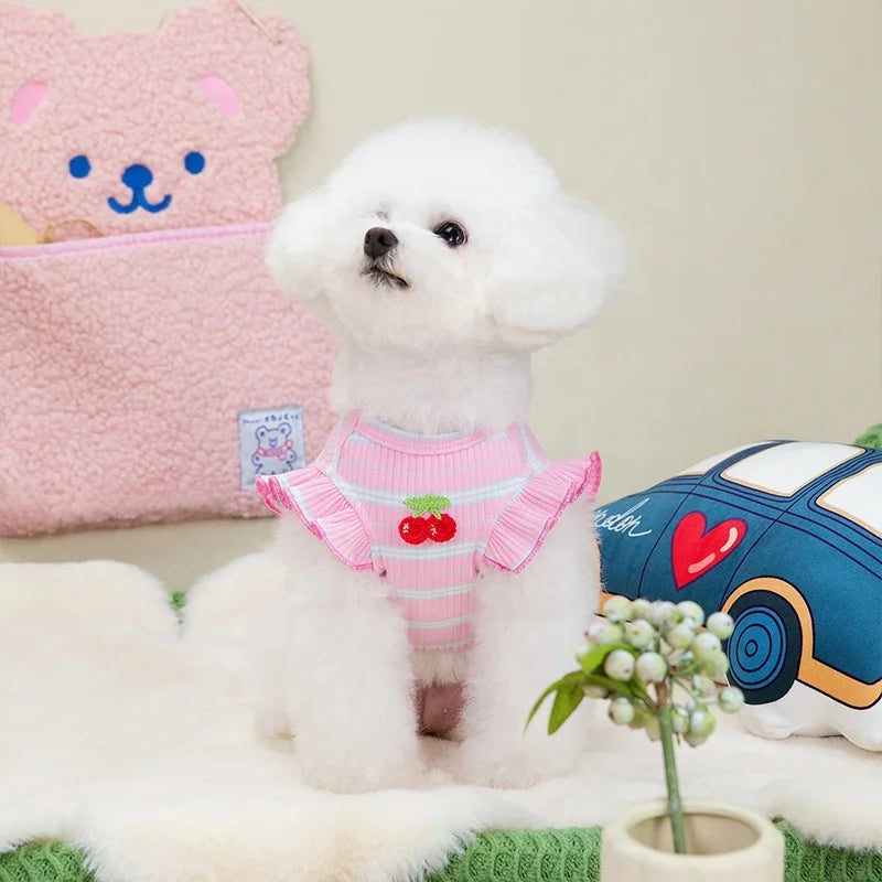 Cute Cherry Embroidered Pet Vest Small Dogs Cats-Spring Summer Lightweight Striped Pattern Breathable Cotton Blend Princess Cut