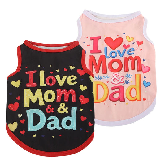 European American Style Summer XS Polyester Dog Vest High Elastic 'Free Kisses' and 'Love Mom Dad' Printed Stripe Pet Clothes