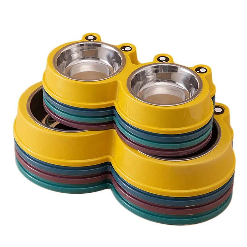 Eco-friendly Small Dog Double Bowls Cute Frog Shape Plastic & Stainless Steel Pet Cat Food Mixing Bowl Water Feeding ODM Supply
