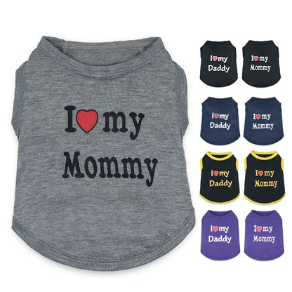 Wholesale Cute I Love Daddy Mommy Printed Cotton Dog T Shirts Tank Tops in XS S XL Sizes for Spring Summer Autumn Seasons