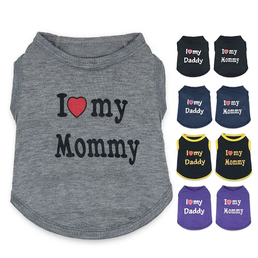 Wholesale Cute I Love Daddy Mommy Printed Cotton Dog T Shirts Tank Tops in XS S XL Sizes for Spring Summer Autumn Seasons