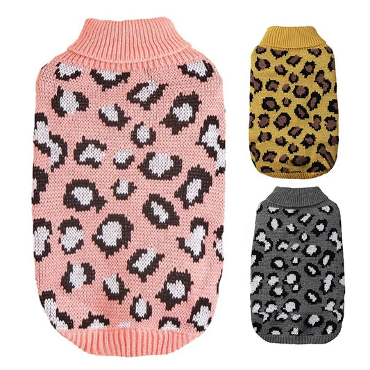 Hot Selling XS Size Leopard Pattern Pet Knitted Sweater Pink Grey Khaki Wool Yarn for Small Dogs Winter Clothes