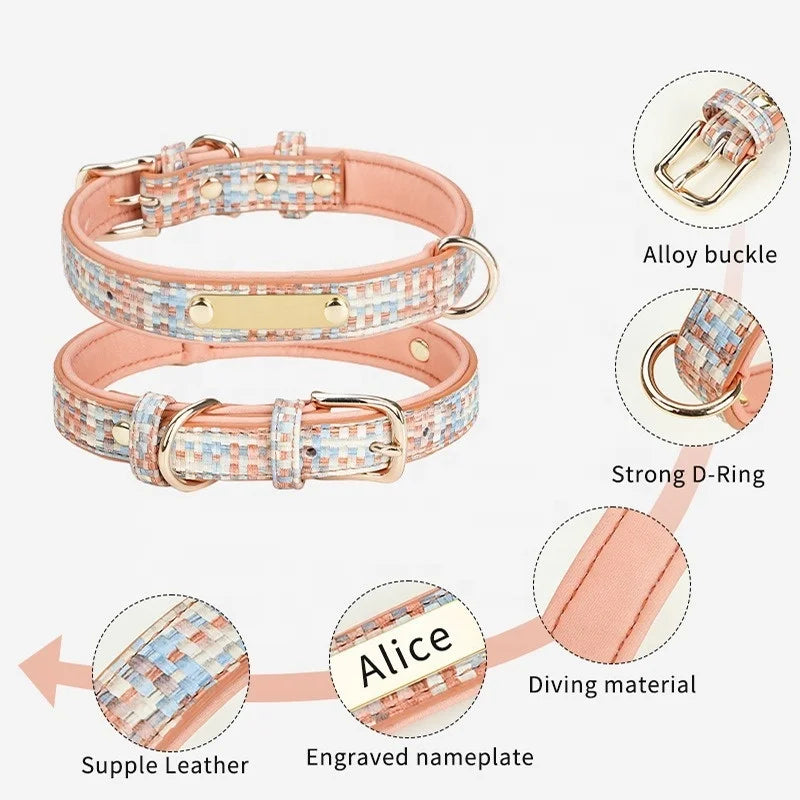 GorisPet Luxury Dog Collar Custom Engraving Double D-Rings Hanging Accessories Space Cotton Lining PU Material Plaid Pattern