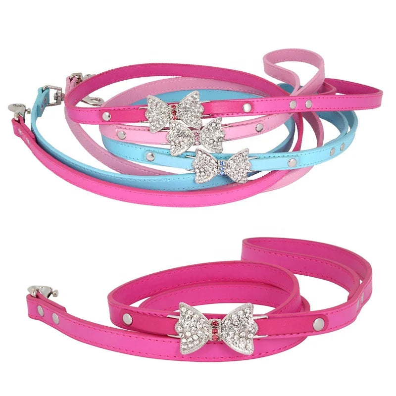 Luxury Small PU Leather Dog Collar Silver Rhinestone Bow Knot Soft Solid Animal Pattern ABS Cotton Free Cat Friendly Pet Leash