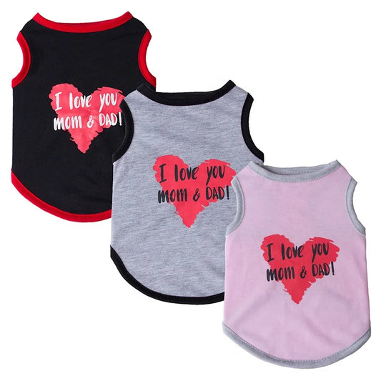 Pet Dog Vest 'I Love You Mom Dad' Printed Cotton-Polyester Tank Top Cute Heart Design Comfortable Modern Simple Small