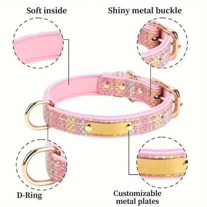 GorisPet Luxury Dog Collar Custom Engraving Double D-Rings Hanging Accessories Space Cotton Lining PU Material Plaid Pattern