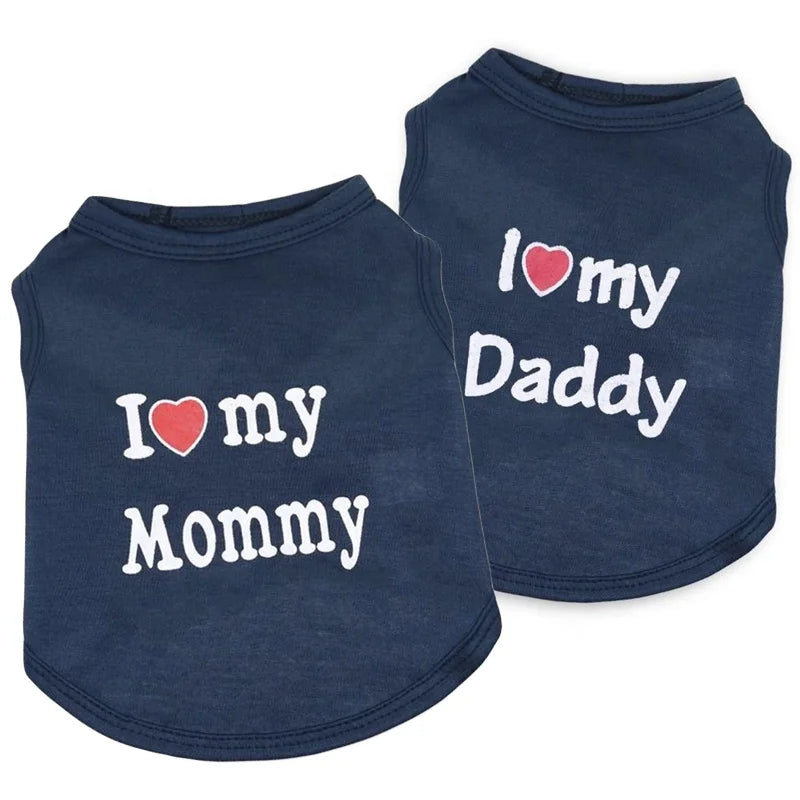 Wholesale Cute I Love Daddy Mommy Printed Cotton Dog T Shirts Tank Tops in XS S XL Sizes for Spring Summer Autumn Seasons