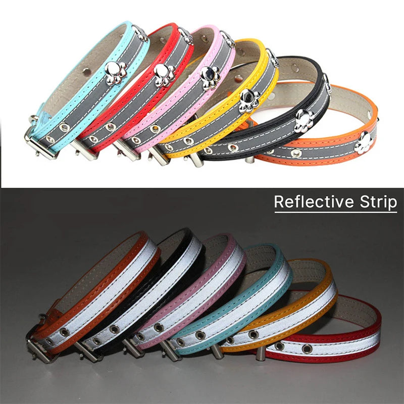 Modern Solid Reflective PU Dog Collar Paw Print Decor Durable Adjustable Pet Dogs Night Safety Design Reflective Strip