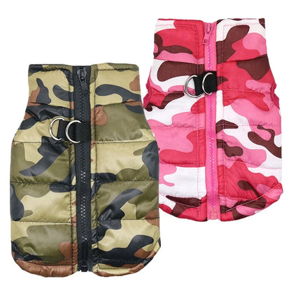Warm Polyester Padded Geometric Mediterranean Pink Green Camouflage Service Dog Harness Vest Pet Winter Coat