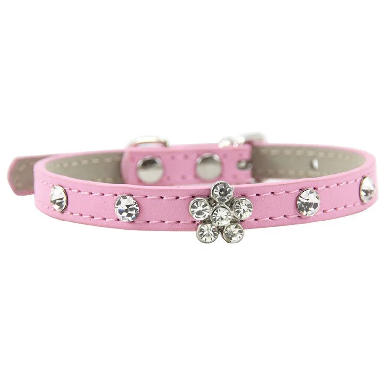 Modern Luxury Cat Collar for Small Dogs Elegant Bling-bling Rhinestone Cute Flower Decoration Solid Pattern Made of PU