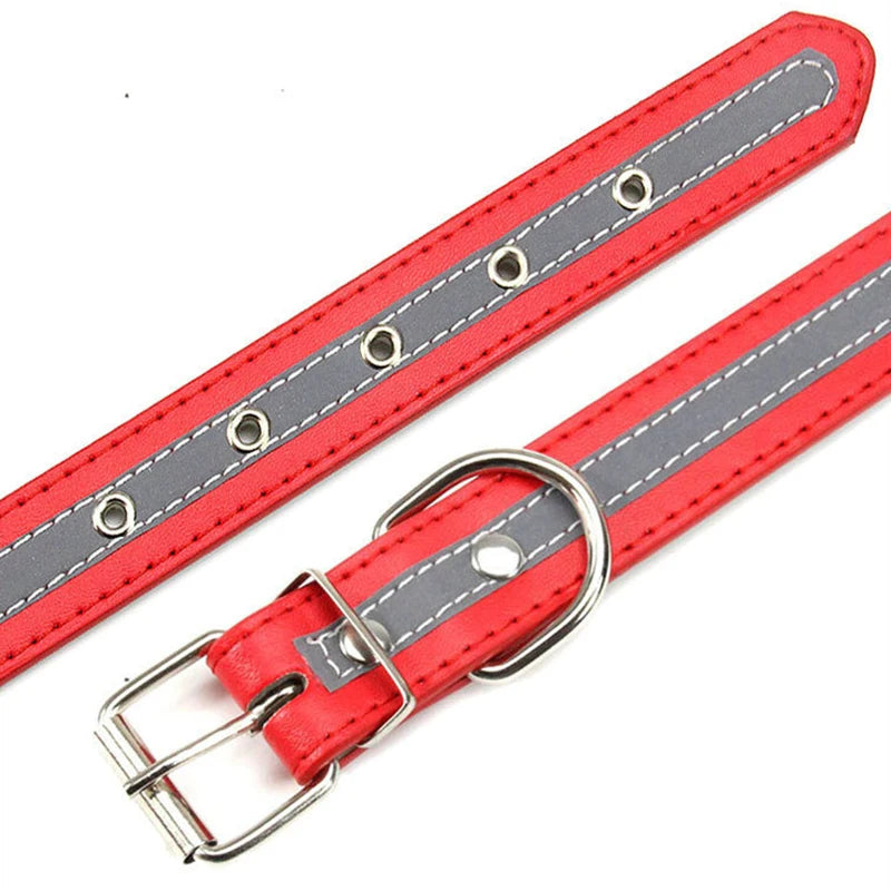Modern Solid Reflective PU Dog Collar Paw Print Decor Durable Adjustable Pet Dogs Night Safety Design Reflective Strip