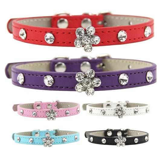 Modern Luxury Cat Collar for Small Dogs Elegant Bling-bling Rhinestone Cute Flower Decoration Solid Pattern Made of PU