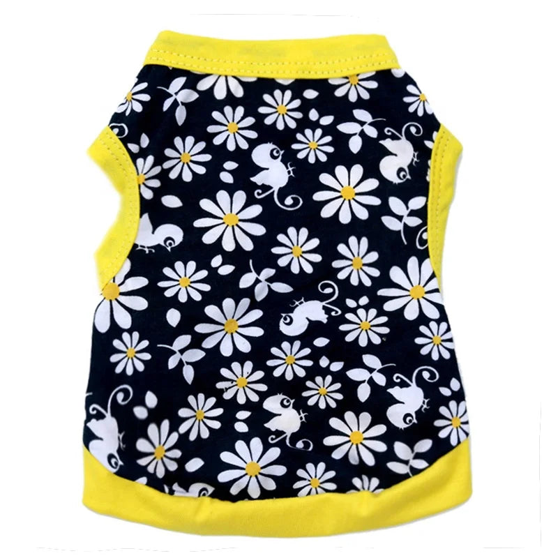 Floral Pattern Cotton Pet Tank Top for Summer Fashionable Sweet Daisy Flowers Birds Print Cute Style for Dogs for Spring Season