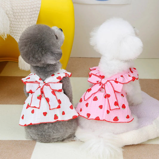Super Cute Modern Valentine's Day Pink White Spring Strawberry Pattern Polyester Cotton Summer Lace Dog Bowknot Leash Ring