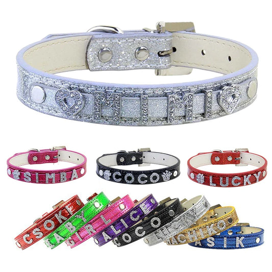 Custom Name GorisPet Luxury Dog Collar Rhinestone Letters DIY Personalized PU Pet Collar for Dogs Cats Sparkly Glitter