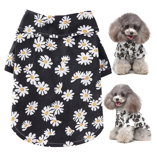 Hawaii Style Daisy Print Polyester Pet Coat Small Medium Dogs Breathable Short Sleeve Summer Shirt Collar Cute Floral Design