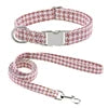 Adjustable Durable Luxury Cotton Linen Dog Collar Leash Set Houndstooth Pattern Buckle Closure Spot Clean Pet Accessories for