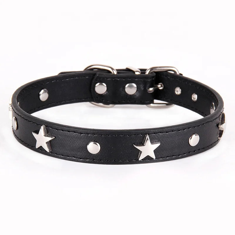 Punk Style Luxury Leather Dog Collar Star Design Fashion Solid Pattern Fur Decoration Metal Buckle Made PU-Ins Pet Leashes