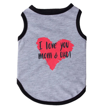Pet Dog Vest 'I Love You Mom Dad' Printed Cotton-Polyester Tank Top Cute Heart Design Comfortable Modern Simple Small