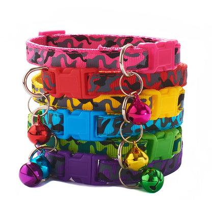Camouflage Print Tactical Dog Cat Collar-Colorful Nylon Safety Buckle Bell Adjustable Training Ribbons 12 Colors Available All