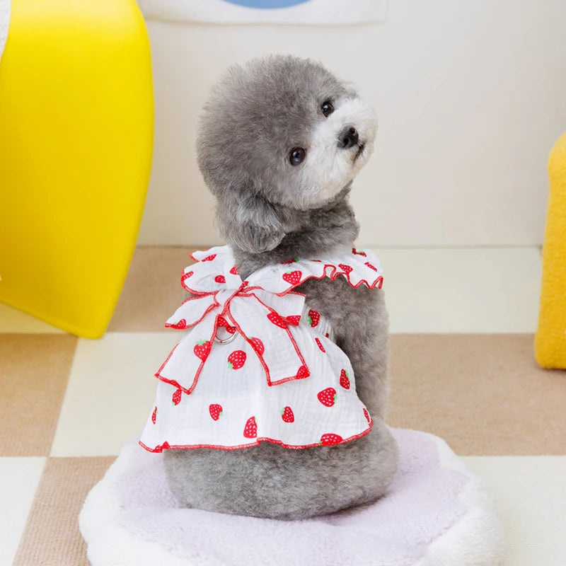 Super Cute Modern Valentine's Day Pink White Spring Strawberry Pattern Polyester Cotton Summer Lace Dog Bowknot Leash Ring