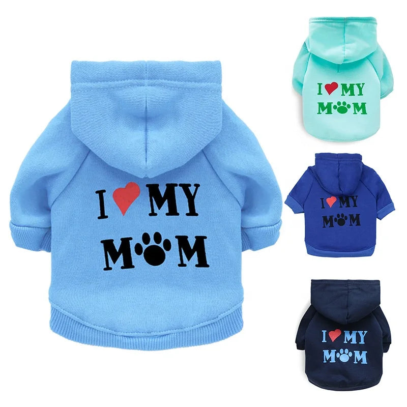 Pet Hoodie for Dogs-'I Love My Mom' Printed Fleece Sweatshirt XS Size Winter Warmth Small Breeds Teddy Poodle 11 Colors