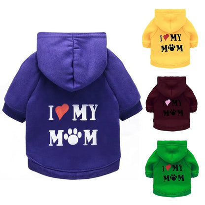 Pet Hoodie for Dogs-'I Love My Mom' Printed Fleece Sweatshirt XS Size Winter Warmth Small Breeds Teddy Poodle 11 Colors