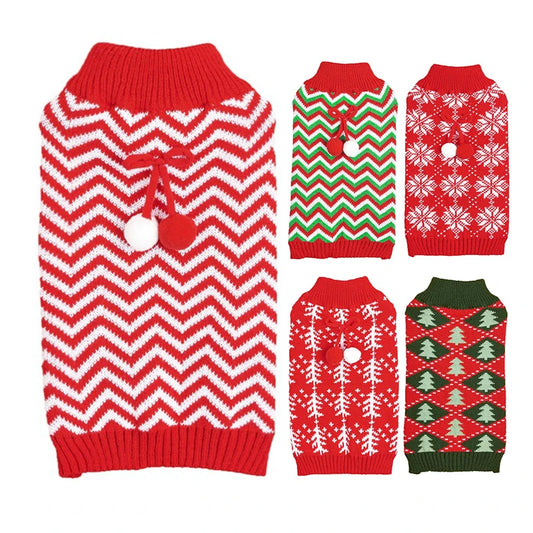 Festive Christmas Pet Sweaters Cute Pom Snow Patterned Winter Knitwear for Dogs and Cats XS Size